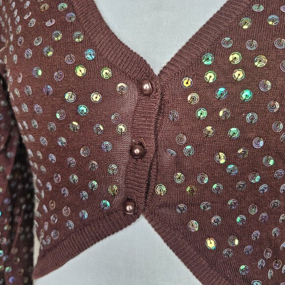 Y2k Vintage M Brown Cardigan Iridescent Sequin Crop Forest Fairy Grunge Boho - Picture 2 of 5